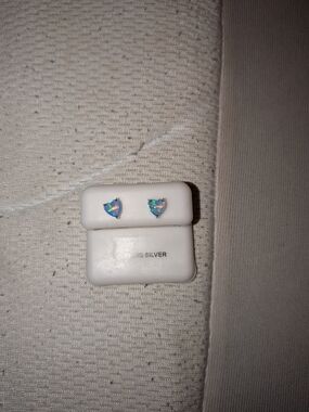 Sterling Silver Heart Opal Stud Earrings - Iridescent Blue-Green